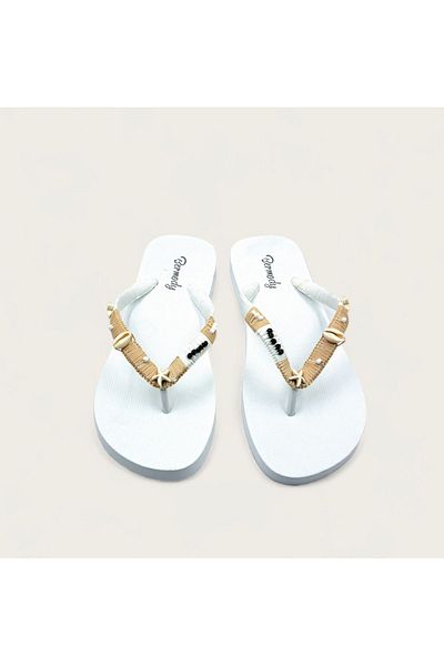 Bermody White Brown Flip Flop Sea Shell Starfish Women's Beach Slippers