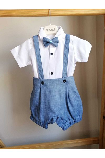 bebeksen Blue Classic Baby Boy Salopet Suit with Bow Tie and 3-Piece Shorts Special Day Outfit Wedding Baby Gift