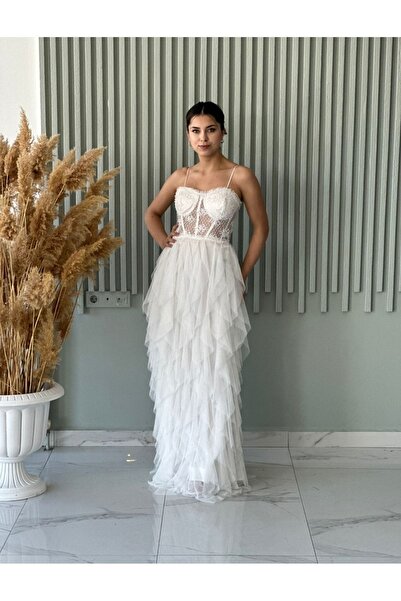 Elbisen Burada Kat Kat Tül Etekli Beyaz Abiye Elbise Gelinlik Nikah Elbisesi