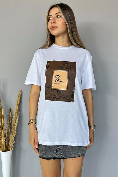 GÜLSELİ Tricou de damă alb cu gât crew - imprimat