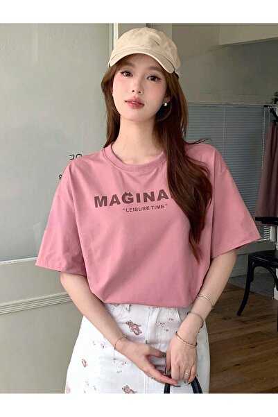 over head oh تي شيرت نسائي كبير الحجم مطبوع باللون الوردي