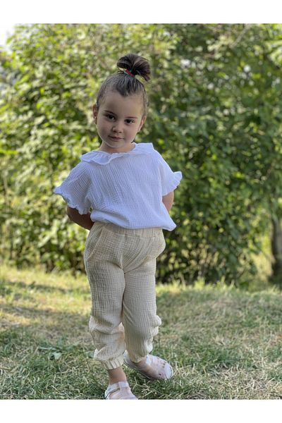 meqlife Țesătură de muselină pentru copii unisex Stone Color - Pantaloni cu buzunare și latex