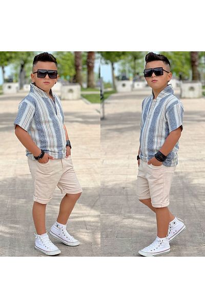Kuzeyi Butik Summer Cotton Knitwear Persian Print Shirt with Shorts Team