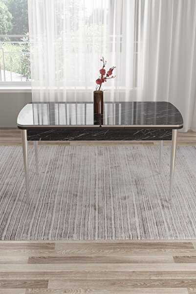 Canisa Pale Serisi 80x132 Açılabilir Siyah Mermer Desen Masa Krom Ayak Mutfak...