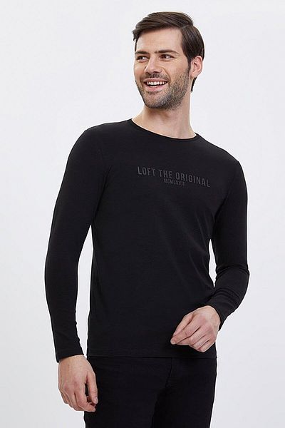 Loft 2023620 Men's Black Front Written Crew Neck Long Sleeve Combed Cotton