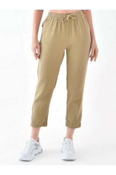 Enoteks Light Brown Colored Women's Muslin Trousers - 100% Cotton Skinny Leg