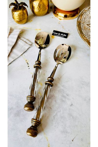 CASA DE BELLA Gold Color 2 Piece Crystal Salad Serving Set
