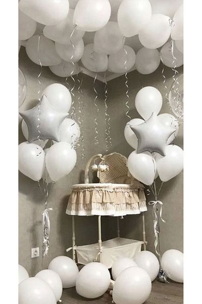 MERİ PARTİ White Decoration Baby Room - Balloon and Star Follyo Balloon, White Color Balloon Concept