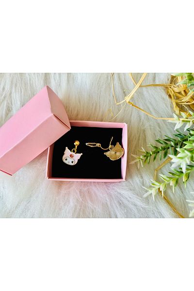 1PARÇAMAVİ Kuromi Patterned - Children's Earrings with Pinches and Clips, Perforated Design