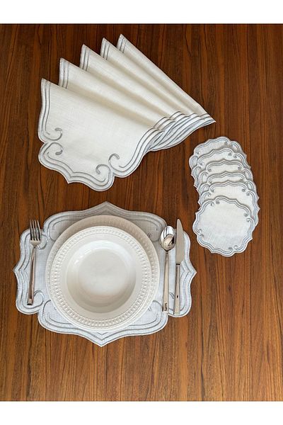 NURHAN HOME COLLECTION Σγουρό μοντέλο με ασημένιο κέντημα - Σετ αμερικανικού σερβιρίσματος και χαρτοπετσέτας κοκτέιλ 12 τεμαχίων