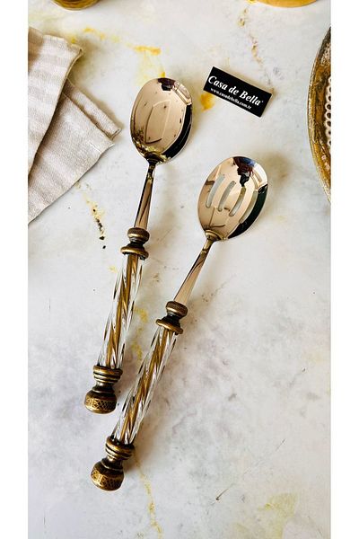 CASA DE BELLA Gold Color 2 Piece Crystal Salad Serving Set