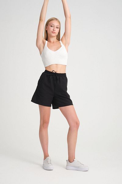 MERİCEY Pantaloni scurți negri de in pentru femei cu talie înaltă, cu buzunare