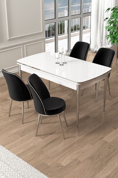 Canisa Pale Serisi 80x132 Açılabilir Beyaz Mutfak Masa Takımı 4 Siyah Sandaly...