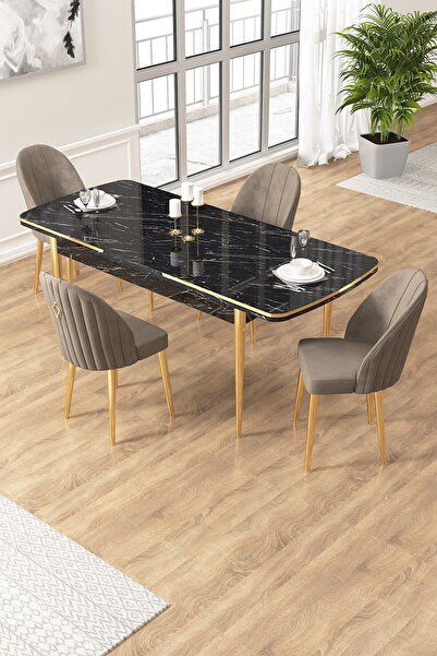 Canisa Edaf Serisi 80x132 Açılabilir Siyah Mermer Desen Mutfak Masa Takımı 4 Cappucino Sandalye Gold Detay