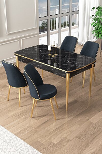 Canisa Pale Serisi 80x132 Açılabilir Siyah Mermer Desen Mutfak Masa Takımı 4 Antrasit Sandalye Gold Detay