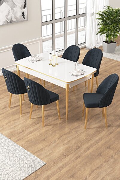 Canisa Edaf Serisi 80x132 Açılabilir Beyaz Mutfak Masa Takımı 6 Antrasit Sandalye Gold Detay