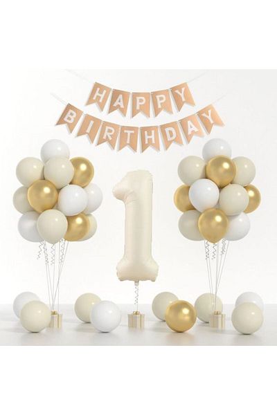 MERİ PARTİ 1 Year Old Cream Sea Sand Color Concept Birthday Set - Full & Party