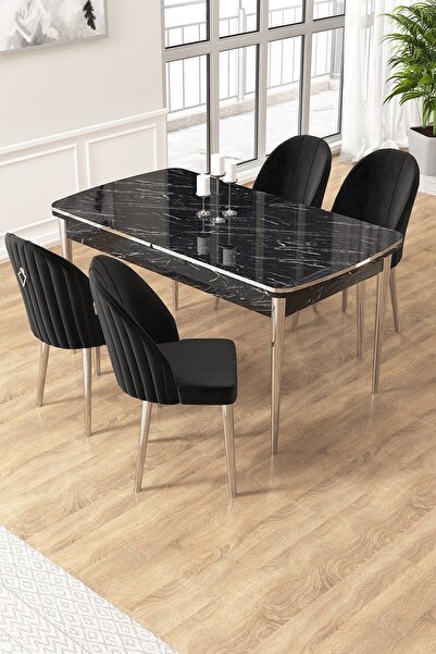 Canisa Edaf Serisi 80x132 Açılabilir Siyah Mermer Desen Mutfak Masa Takımı 4 ...