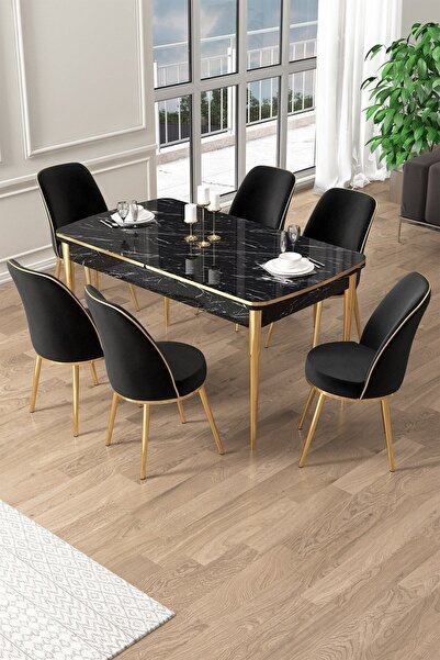 Canisa Pale Serisi 80x132 Açılabilir Siyah Mermer Desen Mutfak Masa Takımı 6 ...