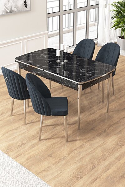 Canisa Edaf Serisi 80x132 Açılabilir Siyah Mermer Desen Mutfak Masa Takımı 4 ...