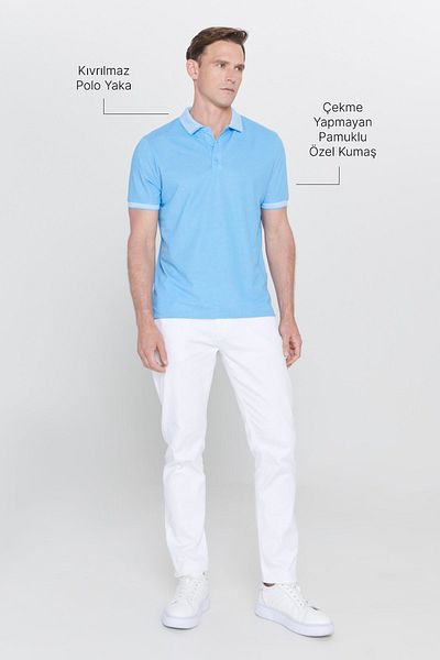 AC&Co / Altınyıldız Classics Tricou albastru cu guler polo slim fit pentru bărbați - țesătură din bumbac necontractabil