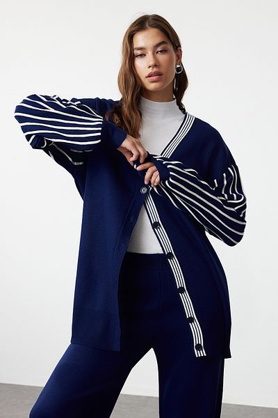 Trendyol Modest Navy Blue Balloon Sleeve Knitwear Cardigan and Trousers Set - TCTAW25US00007