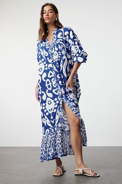 Trendyol Collection Blue Midi Wide Cut Border Pattern Detailed Woven Dress Twoss24El01019