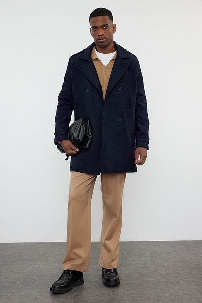 Trendyol Collection Herren Wintermantel aus Wollmischung in Marineblau mit Prägung - Regular Fit TMNAW25KB00003