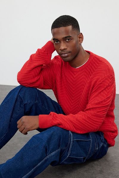 Trendyol Collection Red Regular Cotton Crew Neck Textured Knitwear Sweater Tmnaw25Kz00026