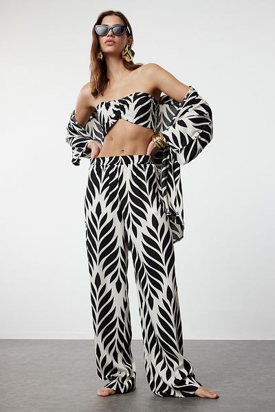 Trendyol Collection Trópusi mintás szőtt 3 részes kimonó nadrág strandruha TBESS24AU00081