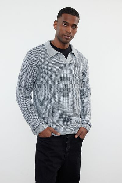 Trendyol Collection Polo Neck Gray Textured Knitwear Sweater - TMNAW25KZ00016