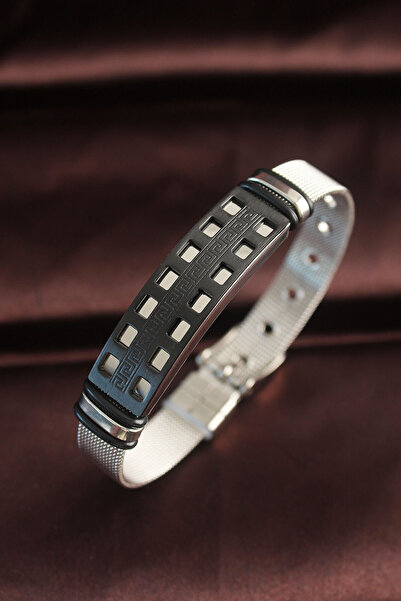 Moka Shopin Μαύρο Geomeric 316l Steel Bracelet - Με Ρυθμιζόμενο Ψάθινο Κορδόνι