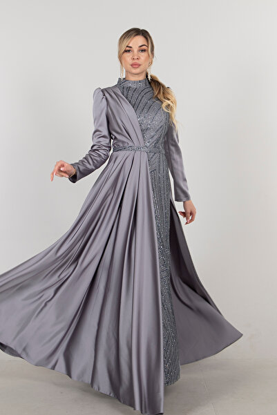 Feminist İç Kısmı Simli Saten Abiye Gri 6502431