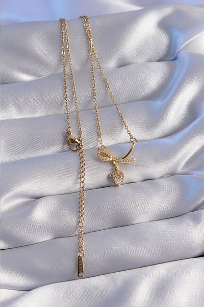 Moka Shopin Gold Colored 316L Heart Necklace - Zircon Stone and Half Bow