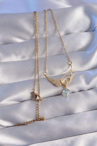 Moka Shopin Gold Colored 316L Steel Chain - Blue Zircon Stone Angel Necklace
