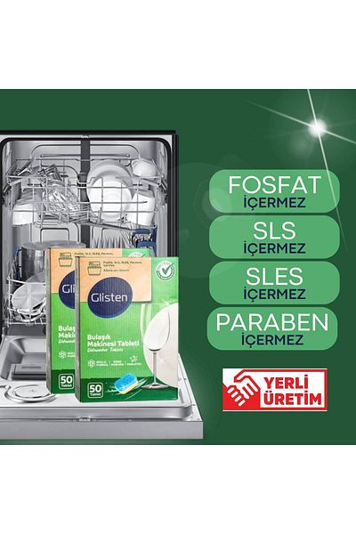 Glisten 100Pcs Dishwasher Detergent Tablets Free of Phosphate, Sls, Pareben - Halal Product