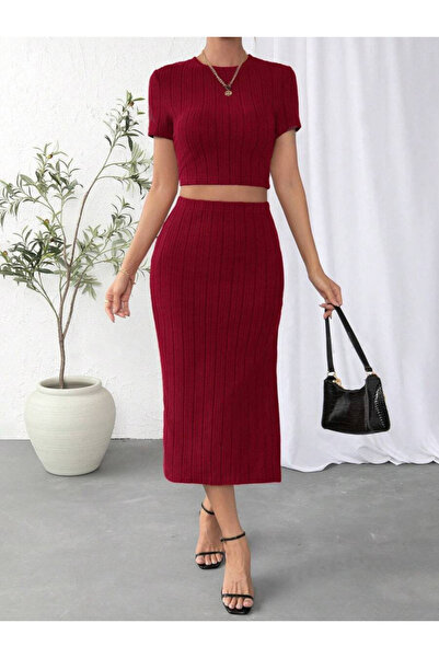 Moka Shopin Women's Crew Neck Crop Top and Slit Ribbed Midi Skirt - Double Set