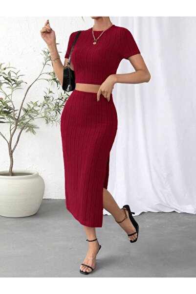 Moka Shopin Women's Crew Neck Crop Top and Slit Ribbed Midi Skirt - Double Set