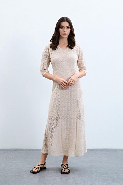 Serianno V Yaka Metalik İp Detaylı ElbiseELB9520KEMİK