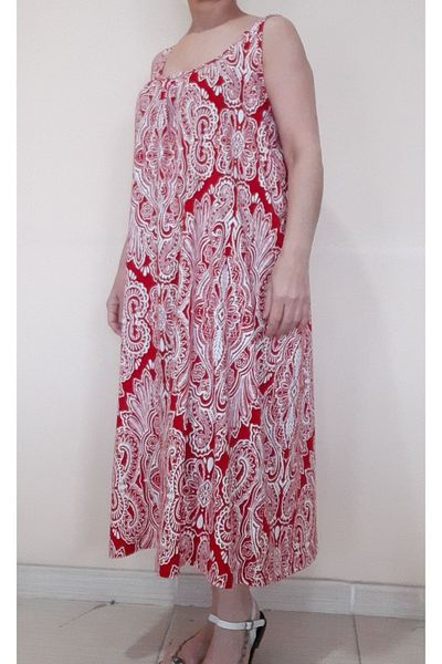 Mertcan Butik Red and White Patterned Combed Cotton Dress with Gathered Front and Back