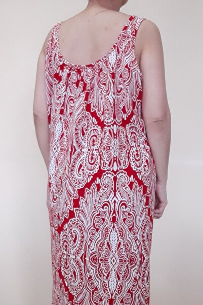 Mertcan Butik Red and White Patterned Combed Cotton Dress with Gathered Front and Back
