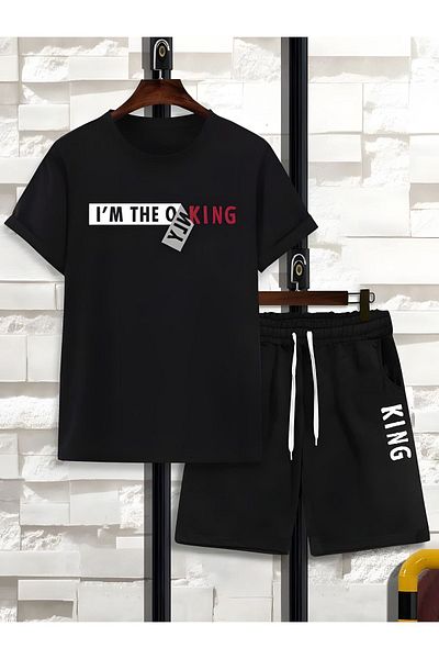 Biy Store The Only King Black T-shirt Black Shorts Set - Printed Bottom Top Shorts Set Oversize Crew Neck