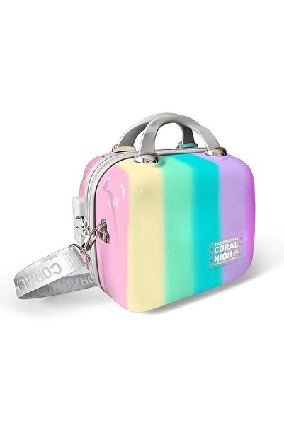 Coral High Colorful Striped Patterned Pc Makeup Bag with Shoulder Strap 16897