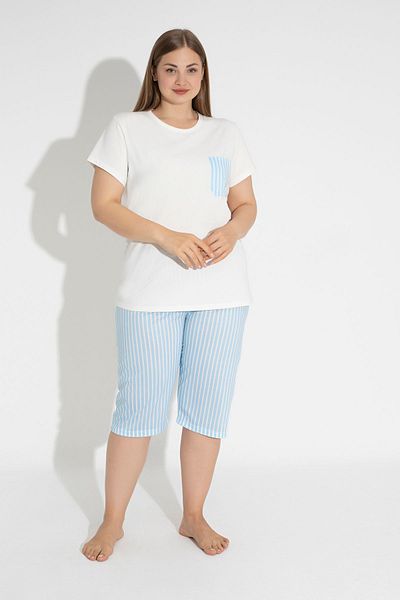 MyBen Set pijamale capri confortabile cu dungi albastre marimi mari - mânecă scurtă 30005