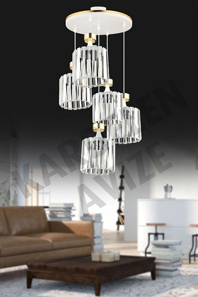 SONSUZ AYDINLATMA&AVİZE Luxury Chandelier - White 5-Piece Pendant Lamp, Yellow Stripe and Crystal Stone Downward Facing