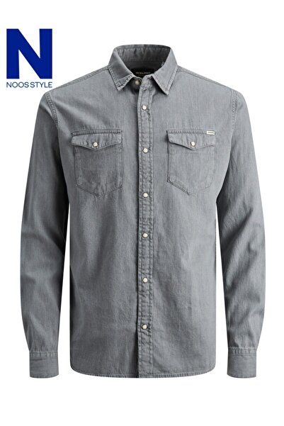 Jack & Jones Γκρι ανδρικό πουκάμισο - Jjesheridan Shırt, L/S, Μοντέλο Noos