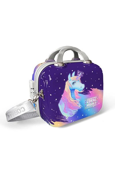 Coral High Unicorn Patterned Pc Makeup Bag with Shoulder Strap 16896