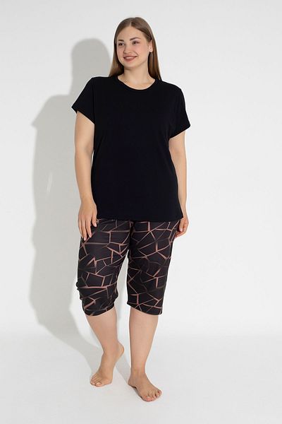 MyBen Geometric Printed Black Large Size Capri Pajamas Set - Short Sleeve, Comfortable Fit 30004