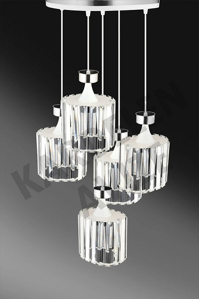 SONSUZ AYDINLATMA&AVİZE 5-Piece Luxury Chandelier with White Crystal Stones and Chrome Strips - Facing Down