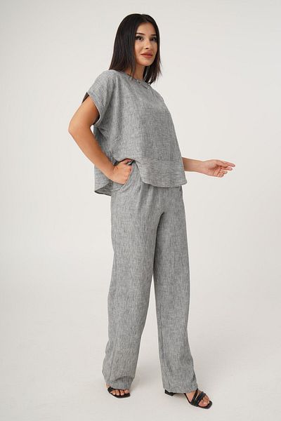 Hipo Trend Anthracite Linen Set - Short Sleeve Blouse and Trousers